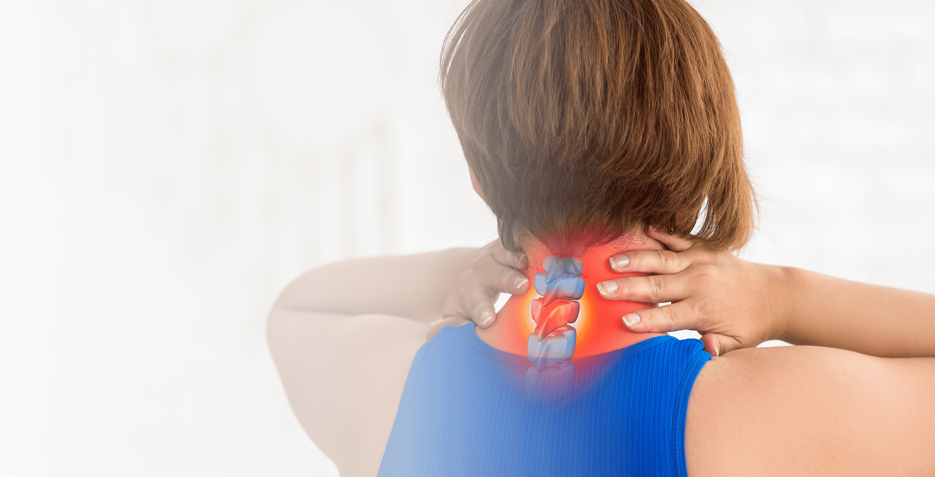 Woman holding neck with highlighted spine pain.
