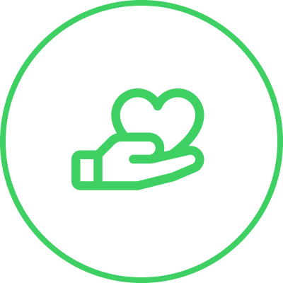 Hand holding heart icon, black background.