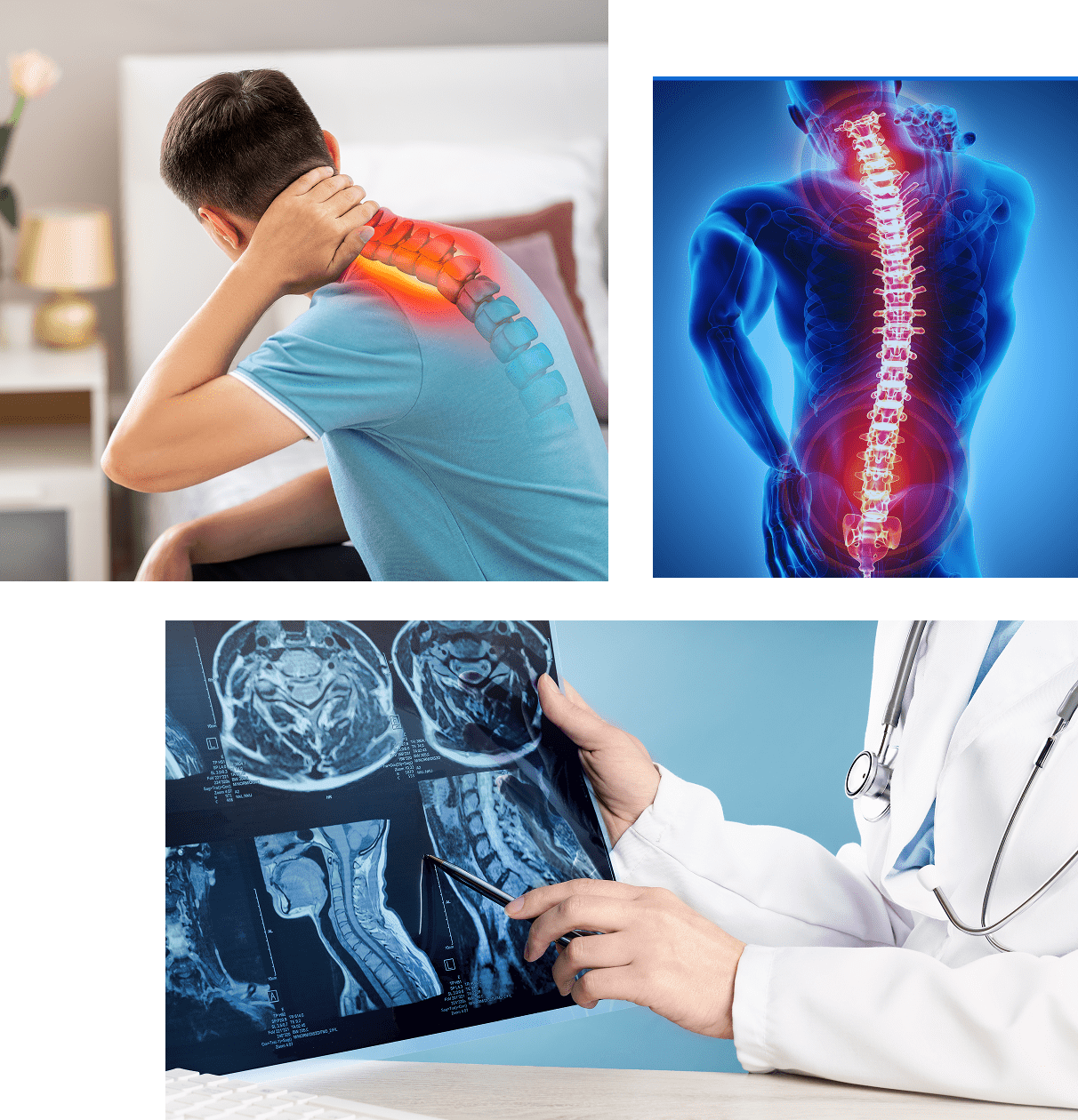 Man with neck pain, spine images, doctor examining.